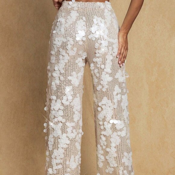 Glamorous Womens High Waist Sequin detailed Wide Leg Long Pants - Picture 4 of 7